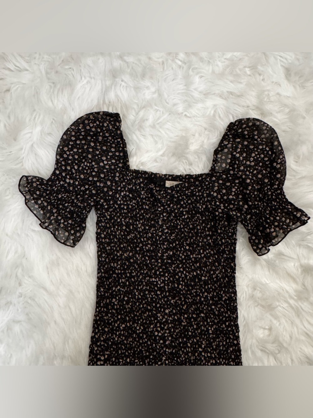 Blush J Black Floral Smocked Puff Sleeve Mini Dress Size L - Picture 4 of 9